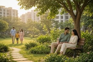 Couple enjoying private green space at Lemon Tree Whitefield – no common walls apartments for peaceful living